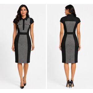 Karen Millen Gray Black Colorblock Military Safari Career Sheath Dress 8US/12UK